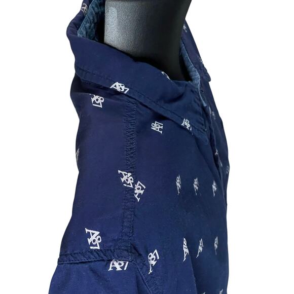 Aeropostale A87 Men’s Short Sleeve Button Up Shirt Large Navy Blue All Over Logo - Picture 4 of 11
